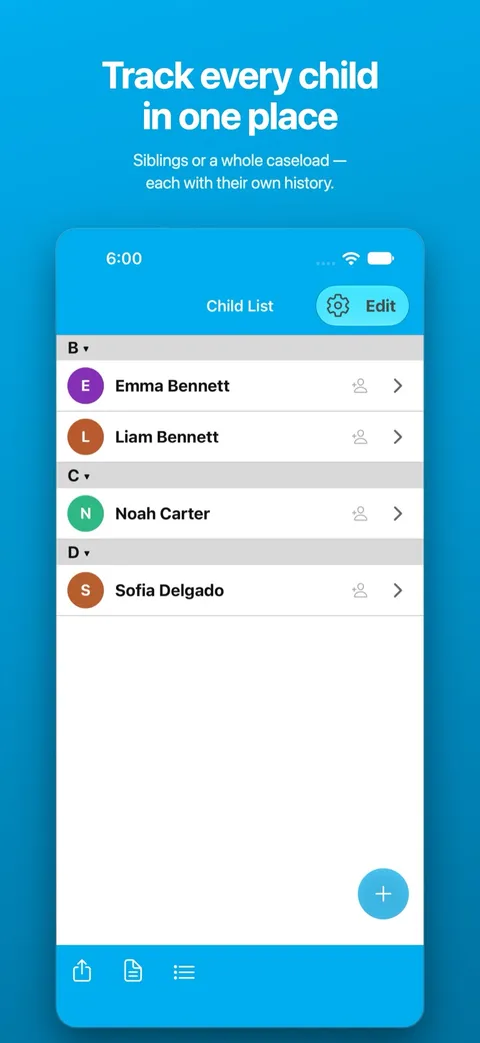 The child list, with each child’s records kept separate — on iPhone