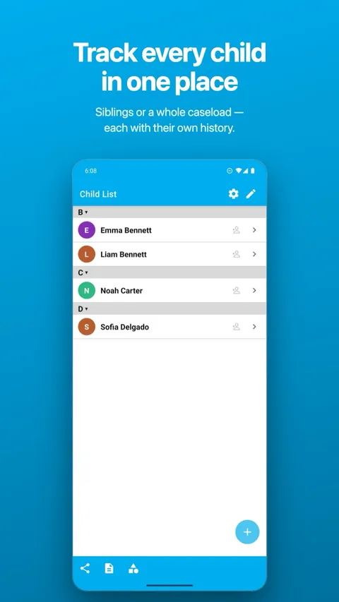The child list, with each child’s records kept separate — on Android