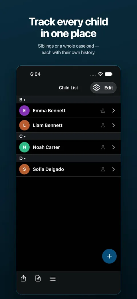 The child list, with each child’s records kept separate — on iPhone