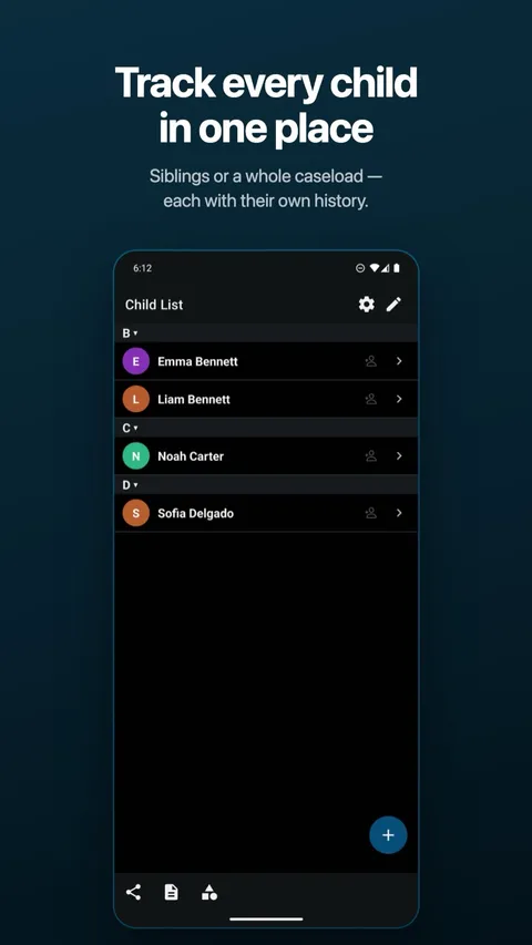 The child list, with each child’s records kept separate — on Android
