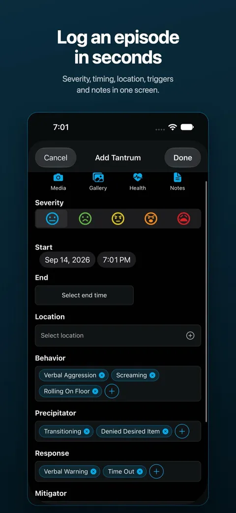 Logging a behavioral incident in Tantrum Tracker