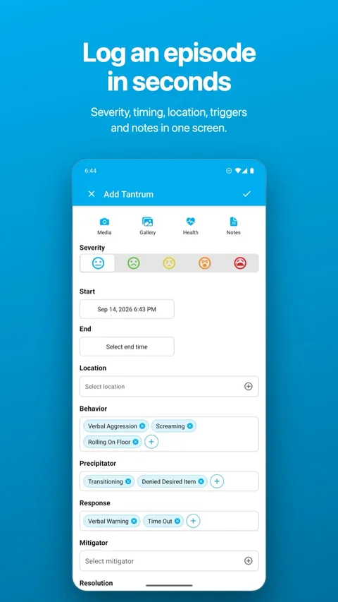 Logging an incident: behavior, severity, location, and what helped — on Android