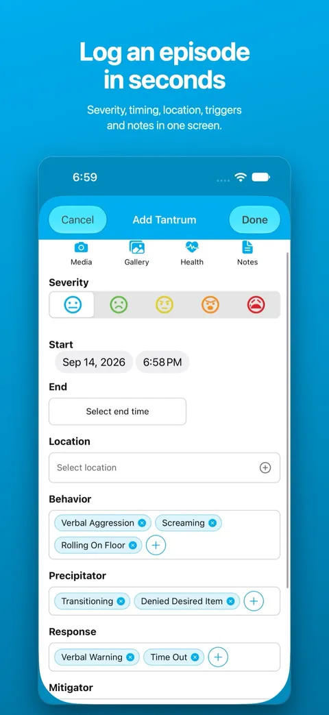 Logging a behavioral incident in Tantrum Tracker