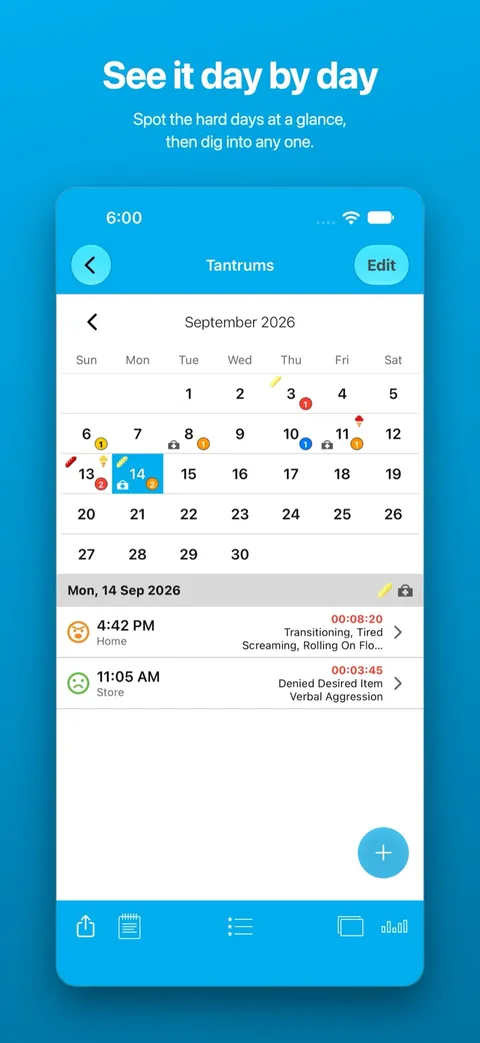 The calendar view, showing incident counts day by day — on iPhone