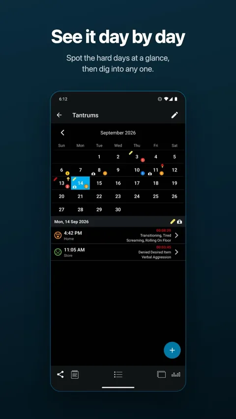 The calendar view, showing incident counts day by day — on Android