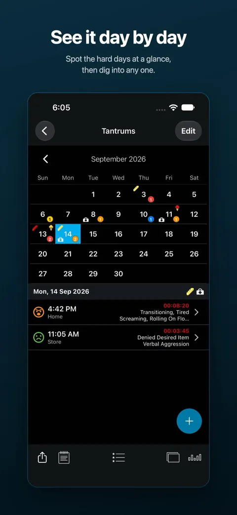 The calendar view, showing incident counts day by day — on iPhone