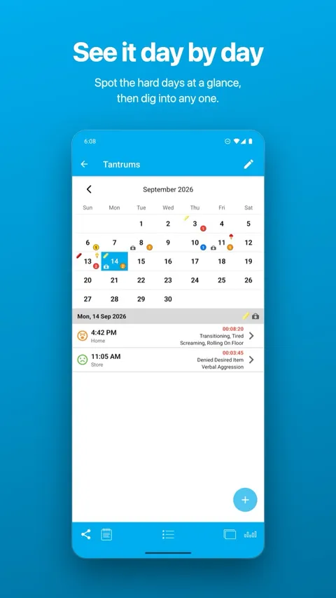 The calendar view, showing incident counts day by day — on Android