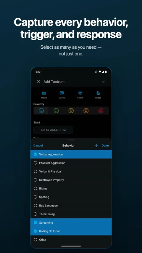 Choosing categories while logging — subscribers can pick as many as applied — on Android